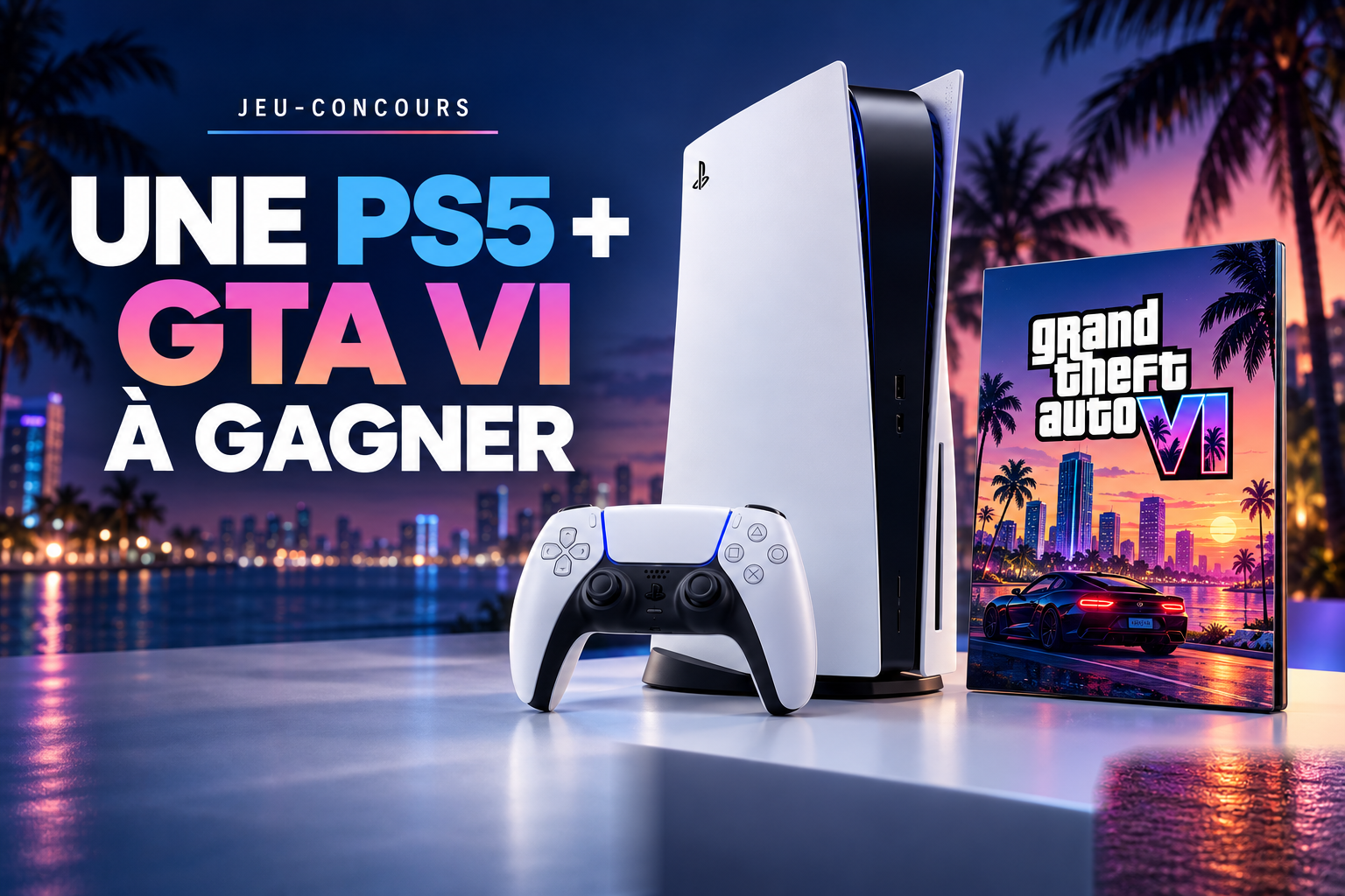 Affiche du jeu-concours : une console PlayStation 5, sa manette et le jeu GTA VI à gagner
